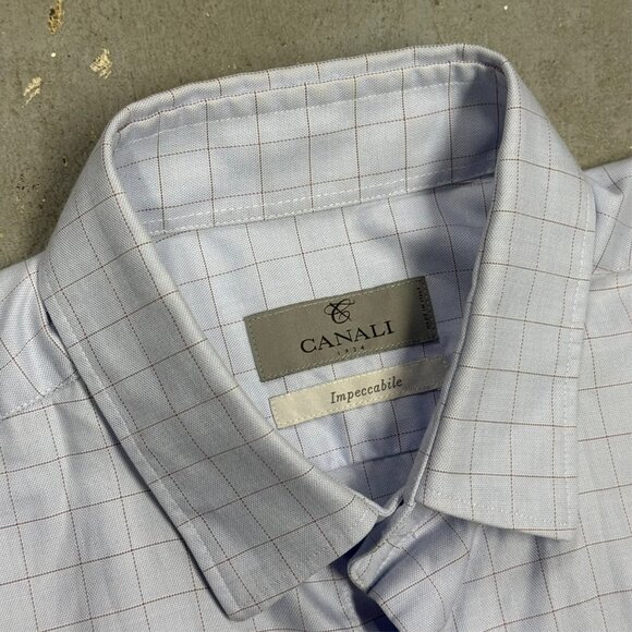 Canali Impeccabile Dress Shirt Italy Check Blue Long Sleeve Cotton 15 3/4 Medium - Picture 6 of 9